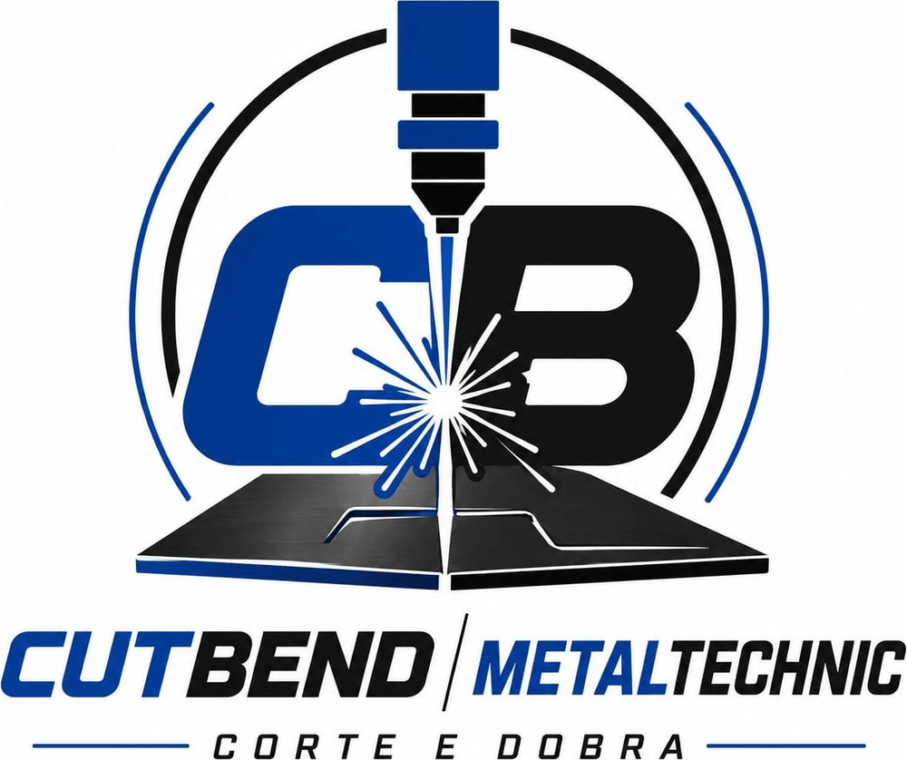 Marca da Cutbend Metaltechnic: cabeçote de laser cortando uma chapa de aço, com o monograma CB e o logotipo Cutbend Metaltechnic — Corte e Dobra